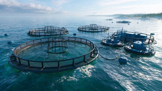 Offshore fish farm facility featuring circular aquaculture cages and industrial pontoons in calm blue water.