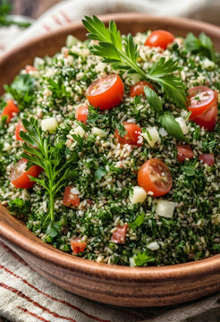 Healthy eating and mediterranean diet, fresh tabbouleh salad with parsley and cherry tomatoes in a rustic wooden bowl for vegetarian nutrition
