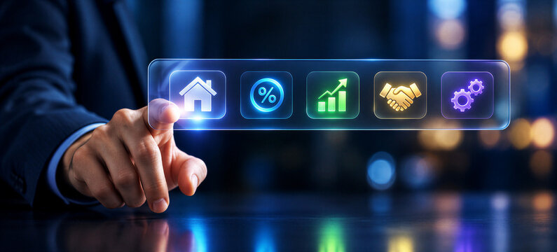 Hand Touching Digital Interface Panel with Icons for Real Estate Mortgage Interest Growth Partnership and Operations Management

