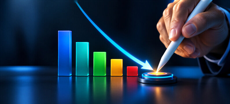 Stylus Pen Pointing at Target Center Below Falling Bar Chart representing Cost Reduction Efficiency and Precision Business Analysis

