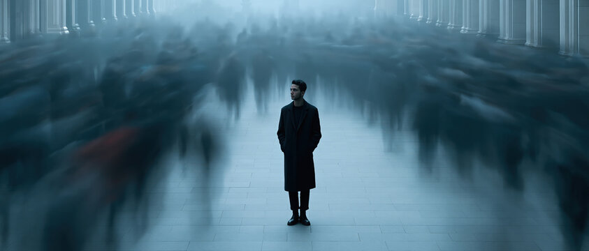 A solitary young man in a long black coat stands motionless as ghostly blurred figures rush past in a misty colonnaded hall. Ideal for concepts of isolation, mental health, individuality.