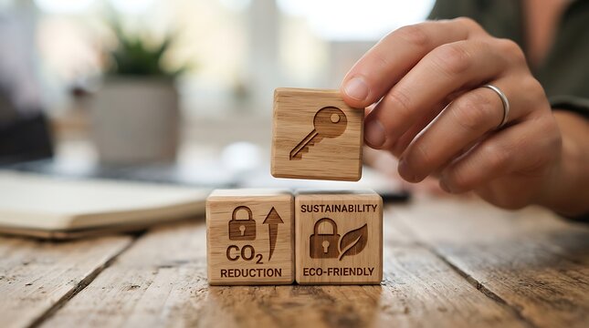 Person stacking sustainability wood blocks