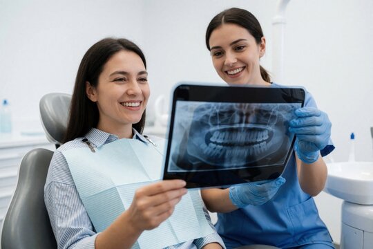 Dentist shows patient good teeth x-ray results. Woman smiles happily after dental checkup. Professionals discuss oral health in modern clinic during appointment.