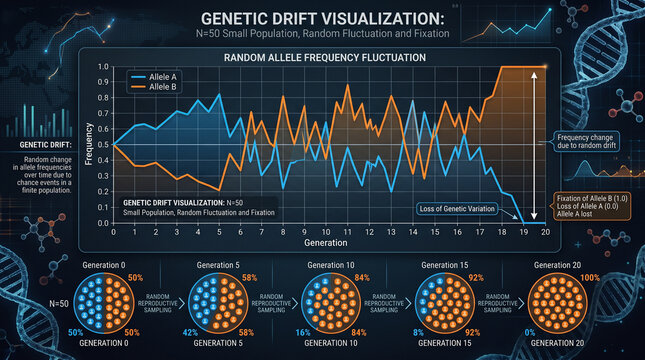 Scientific graph visualization of genetic drift showing allele frequency fluctuation over 20 generations, featuring blue and orange lines on a dark digital background.