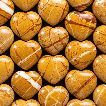 Polished heart shaped jasper stones form a pattern. Mustard and brown veining reveals natural mineral texture. Jewelry and wellness background with Valentine romance.
