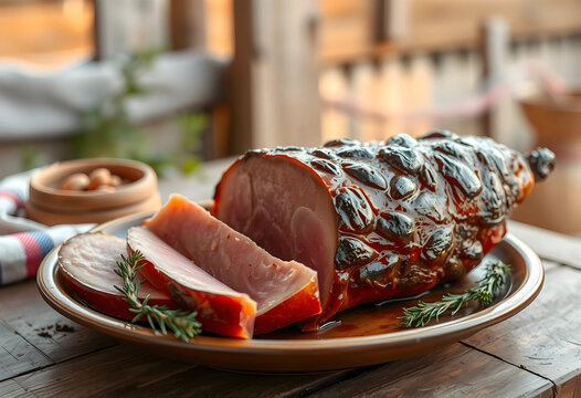 Holiday dinner and festive catering, glazed ham with prunes and rosemary on a rustic wooden table for traditional family celebration and food service