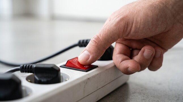 Finger pressing red power switch on white power strip with extension cord electrical socket electric plug energy saving switch button safety switch household appliance power outlet wall outlet