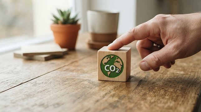 Person touching a wooden co2 earth cube