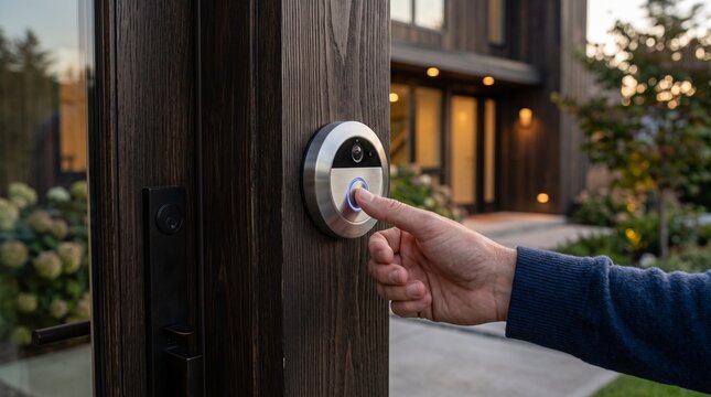 Close-up of a hand pressing a modern smart doorbell mounted on a dark wooden post outside a luxury house with video doorbell home security ringing doorbell security camera access control doorbell