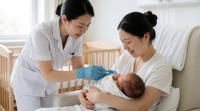 Nurse aids new mom with infant feeding in hospital room. Healthcare worker gives support and advice on baby care and breastfeeding. Mother holds baby gently.