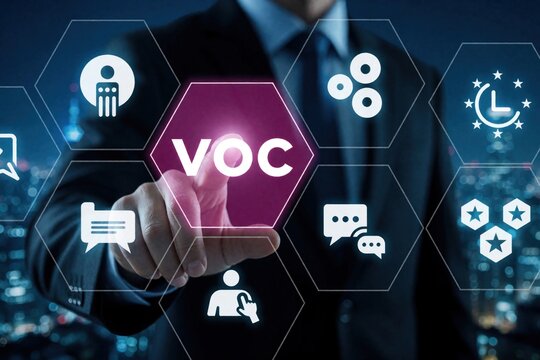 Businessman interacts with digital interface displaying VOC concept for customer feedback analysis. Icons show communication user satisfaction quality ratings business strategy.