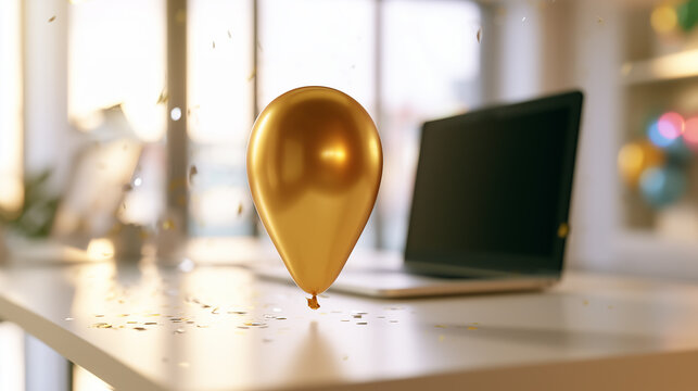 Golden balloon and scattered confetti on a modern office desk with laptop, daylight and colorful festive background for New Year celebration. 
