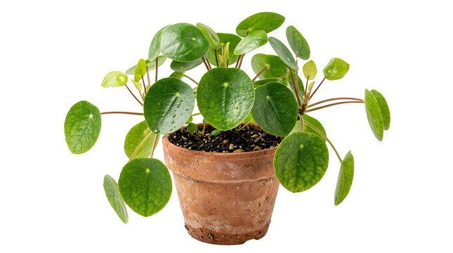 Pilea peperomioides houseplant in terracotta pot, Chinese money plant with round green leaves, indoor decorative potted plant isolated on white