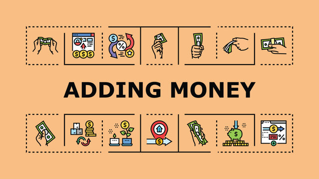 Adding money banner infographic. Revenue account, savings payment, allowance topup icon vector illustration
