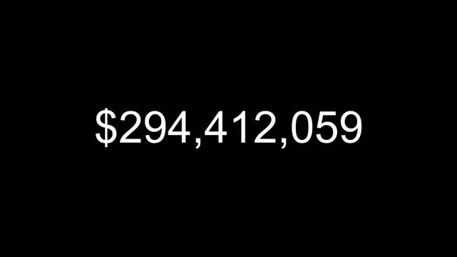 dollar number counter animation 0 to 1000000000 on black background, zero to one billion with dollar sign in 4k animation with alpha channel.