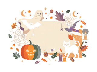 Fototapeta premium Halloween Greeting Card Template with Blank Space and Festive Flat Vector Icons