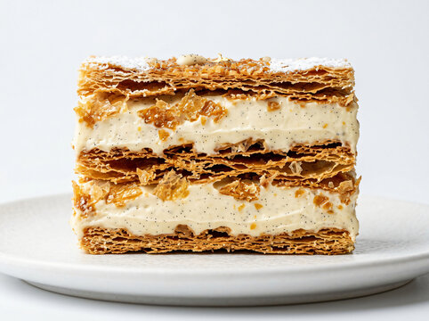 A delicious slice of mille-feuille pastry with layers of cream on a white plate.