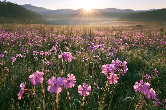 Pink campion meadow at sunrise with sunlight over mountains