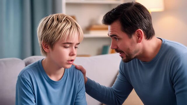 Father comforting upset preteen son on sofa at home. Supportive parent talking to sad child during difficult conversation. Close-up panning shot.