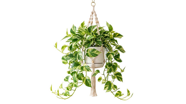Bohemian macrame plant hanger with pothos houseplant, trailing green ivy in hanging ceramic pot, indoor garden decor on white background