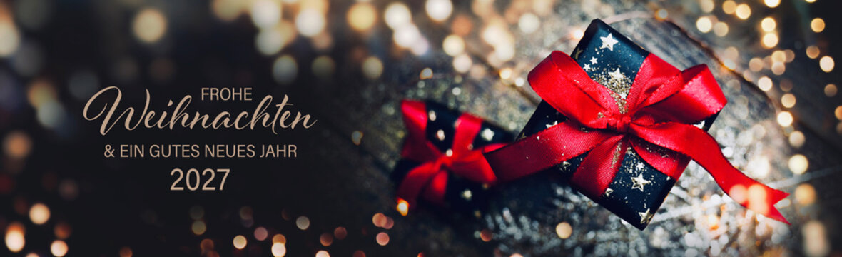 Weihnachtskarte - Frohe Weihnachten und ein gutes neues Jahr 2027 - Geschenk mit roter Schleife - Weihnachtsgr&uuml;&szlig;e - Hintergrund Banner, Header - Christmas greeting card with german text