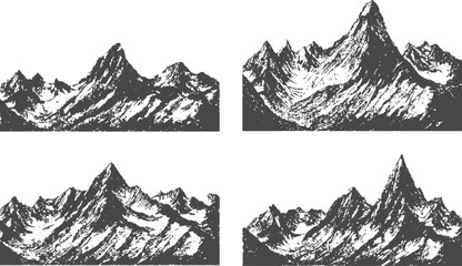 Fototapeta premium Mountain landscape isolated cut-out element with snowy rocky peak and pine forest, vintage hand-drawn ink illustration, retro halftone, grunge texture and photocopy effect on transparent background