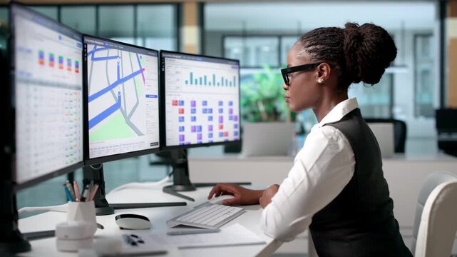 Logistics Manager Reviews Shipment Schedules On Computer