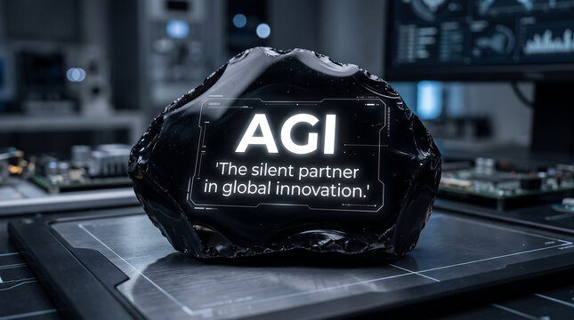 Futuristic Artificial General Intelligence Concept Displayed On A Dark Obsidian Rock In A High Tech Research Laboratory