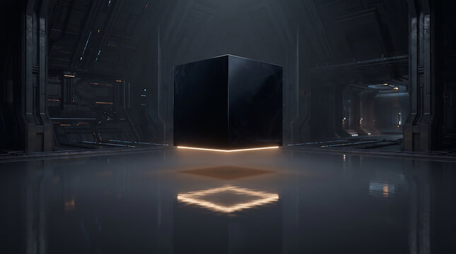 Mysterious floating black obsidian cube hovering in a dark futuristic sci-fi corridor with glowing ambient light