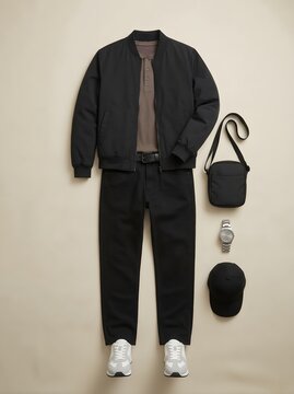 Men's Casual Black Streetwear Outfit with Accessories Flat Lay