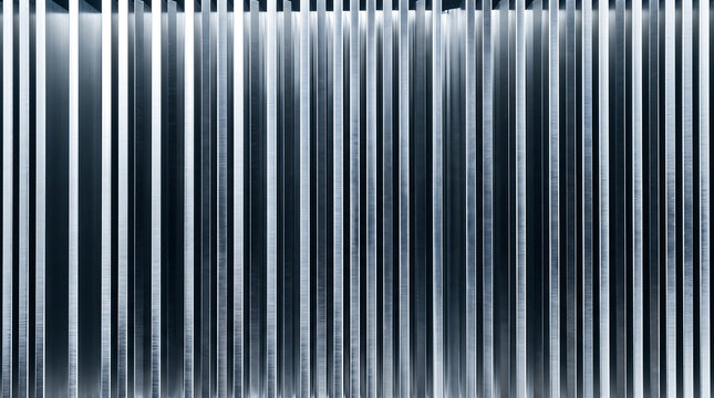 Abstract background of polished aluminum metal heatsink cooling fins with sharp lines and industrial texture