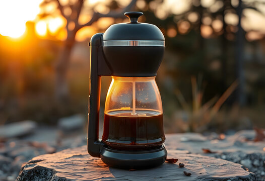Morning coffee routine and lifestyle, portable coffee maker on a rock outdoors at sunrise for travel and camping adventure with fresh brewed beverage