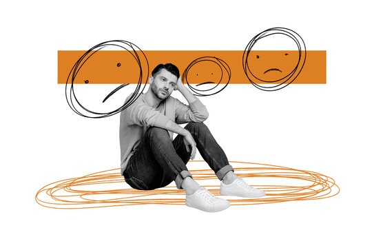 Composite photo collage of upset man sit alone sad emoji people crowd bullying problem assault victim isolated on painted background