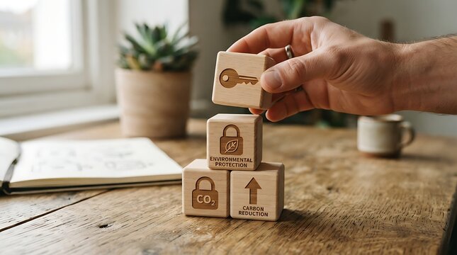 Hand stacking wooden blocks for climate