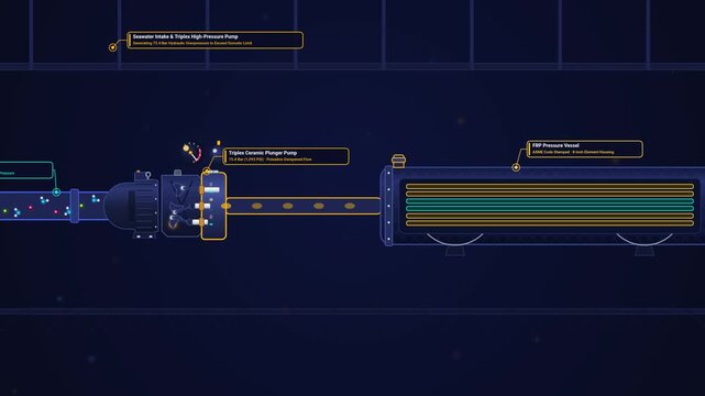 Reverse osmosis desalination process animation, showing seawater intake, high pressure pumps, spiral wound membrane element anatomy, sub nanometer pores, salt exclusion, and fresh water recovery