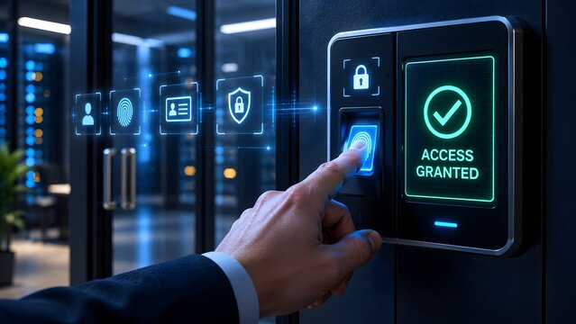 Corporate executive hand using a biometric fingerprint scanner to gain granted access into a highly secure server room with digital identity verification icons
