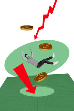 Vertical picture collage falling man money economy concept crisis inflation devaluation arrow downwards checkered background
