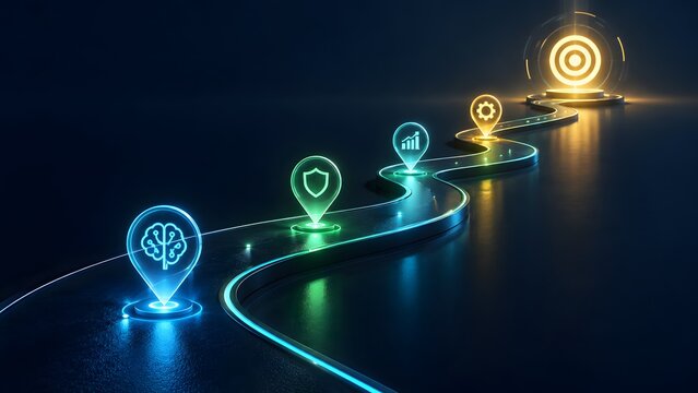 Illuminated digital pathway winding towards a radiant target illustrating a strategic technological roadmap with key business and security milestones