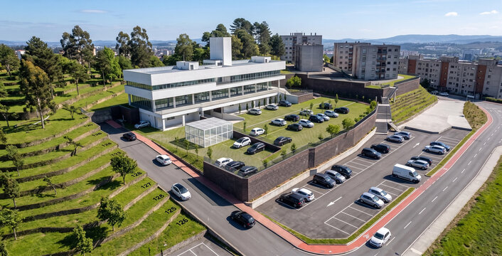 3d architectural rendering of a modern educational facility in the park