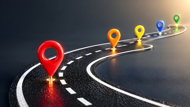 Colorful location markers illuminating a winding asphalt road stretching into the distance symbolizing a strategic business roadmap and future project milestones