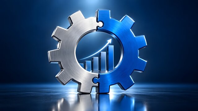 Interlocking metallic and blue gears with an upward growth chart and arrow illustrating industrial progress and business synergy optimization