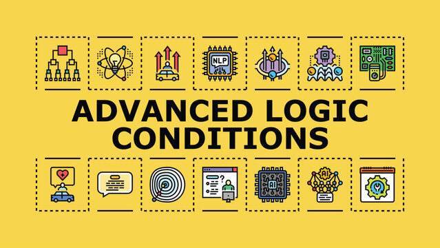 Advanced logic conditions banner infographic. Predicate proof, expression clause, inference relation icon vector illustration