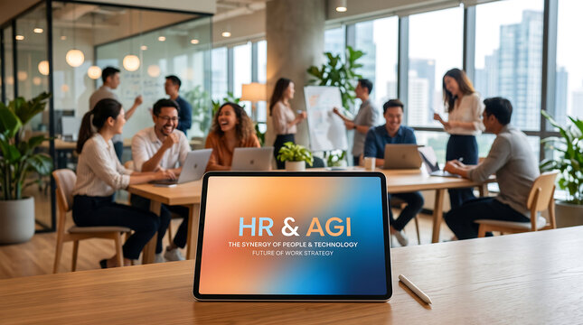 Digital tablet on office desk showing hr and agi theme with diverse team collaborating in background modern workspace