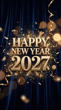 Happy new year 2027 golden text on dark blue curtain