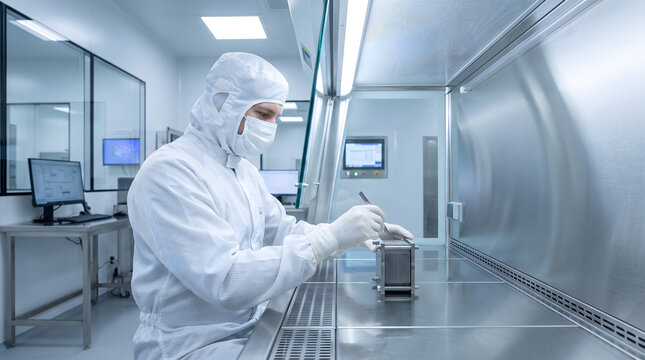 Technician in cleanroom suit assembling a fuel cell with tweezers