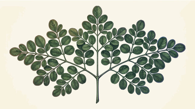 Vintage botanical illustration of moringa leaves on a branch