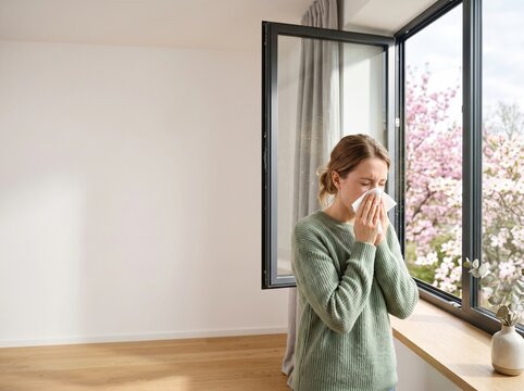 Woman with spring pollen allergy sneezing near open window
