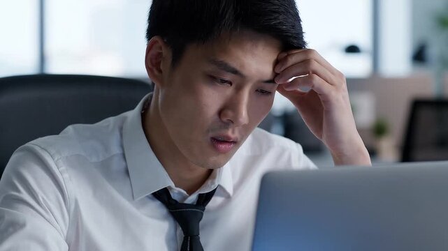 Stressed young businessman working at a laptop in a modern office, showing fatigue and frustration during a demanding workday, suitable for workplace stress, burnout, business pressure, and mental hea