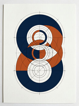 Abstract geometric composition with intersecting circles and lines in blue and terracotta colors.