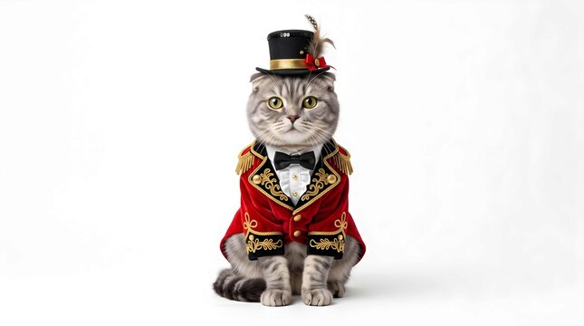 Adorable cat in red circus ringmaster costume and top hat isolated on white background